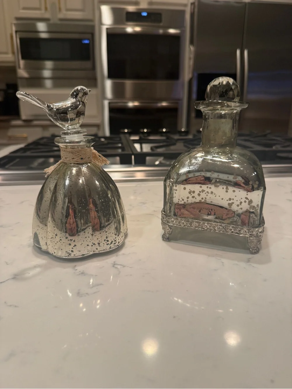Mercury Glass Decorative Bottles Bird & Crystal Stoppers Cottage Decor
